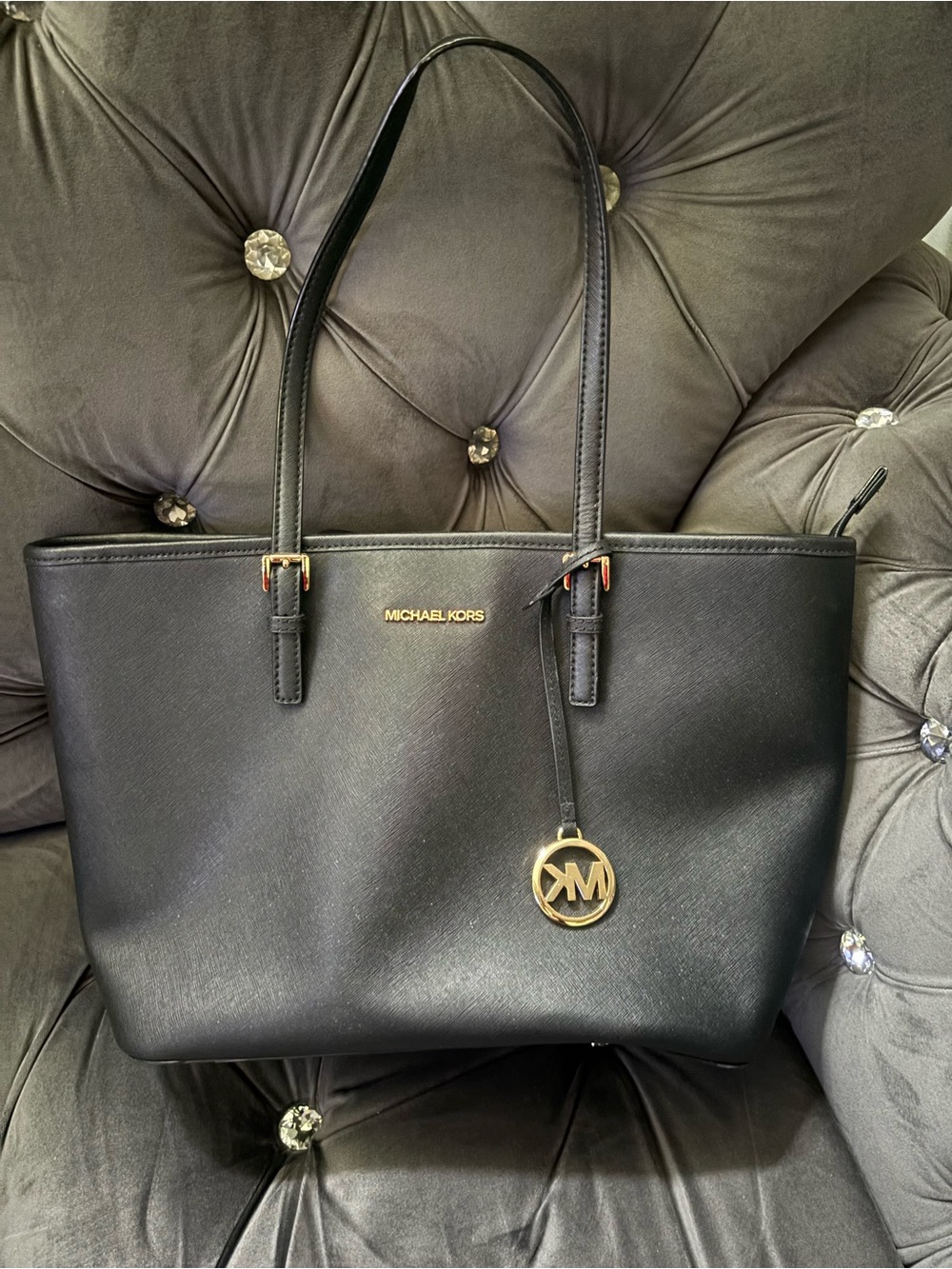 Michael Kors Black Leather Tote with Gold MK Charm